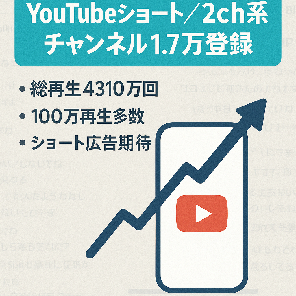 【最終値下げ】登録者1.7万人超えショート動画メイン2ch系チャンネル、総再生数4,000万回超え、ショート広告に期待