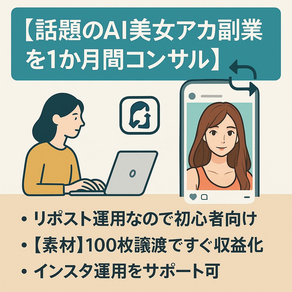 【話題のAI美女アカ副業を1か月間コンサルします◎】リポストだけなので初心者向け：引継ぎも簡単です◎アダルト画像素材100枚付き