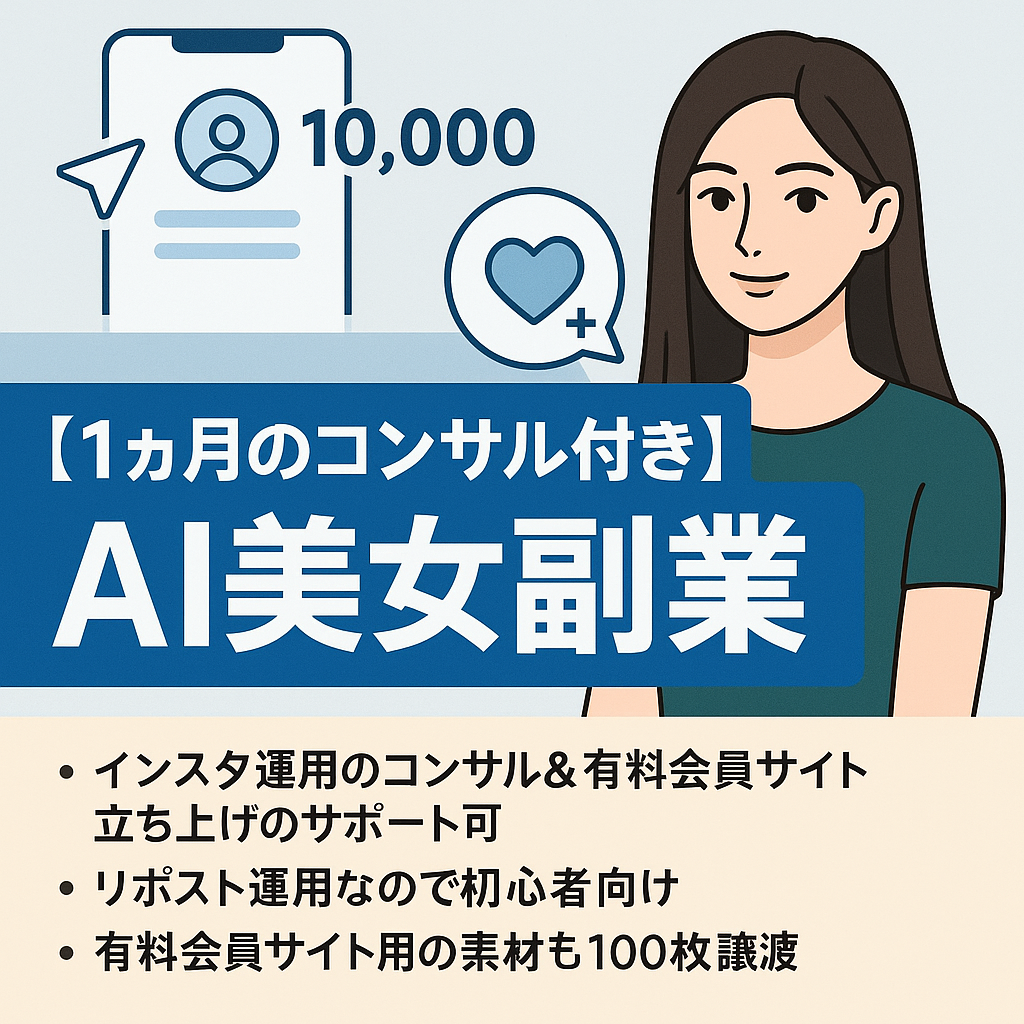 フォロワー1万人以上で即収益化【1ヵ月のコンサル付きで注目のAI美女副業をスタート◎リポストで初心者でもカンタン運営】有料会員サイト用の素材も100枚プレゼント