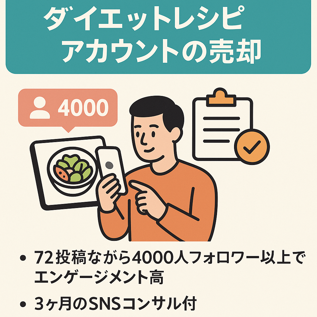 【Instagram FW4000人以上】ダイエットレシピアカウントの売却及び3ヶ月のSNSコンサル（顔出しなし！男性（20代から40代）への売却希望）