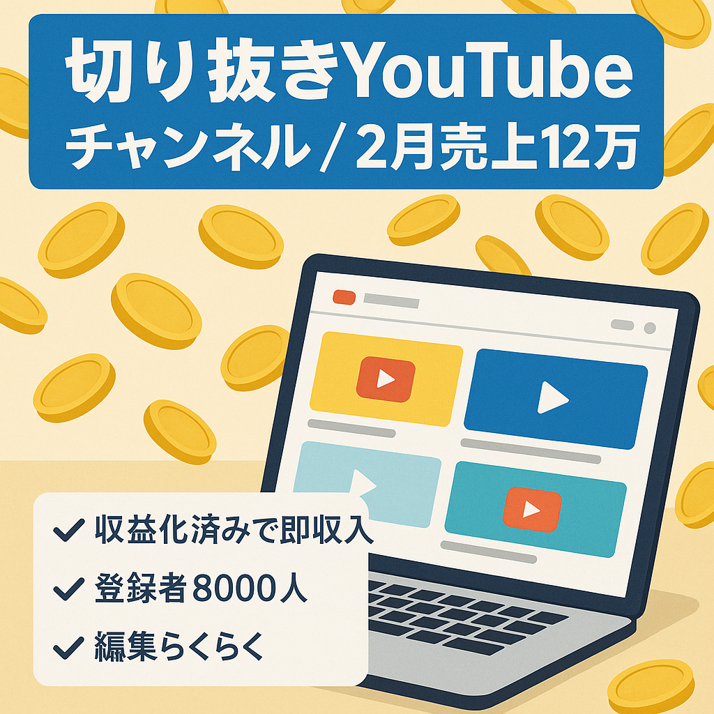 【2月売り上げ120,000】【登録者8000人】　切り抜きYouTubeチャンネル・簡単編集・収益化済み