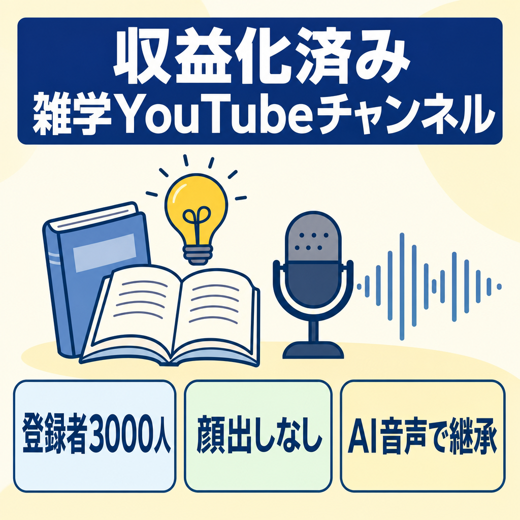 収益化済み雑学系YouTubeチャンネル。登録者2000人以上・月収5000円〜1万円（過去実績）。顔出しなし・属人性ゼロで即運営可能。