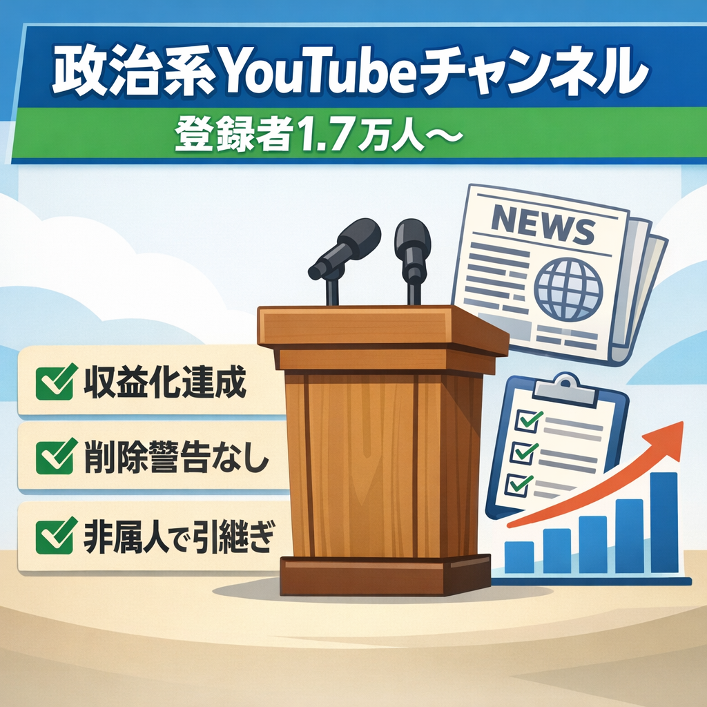 【収益化条件突破済】政治系・非属人YouTubeチャンネル【登録者1.7万人〜】