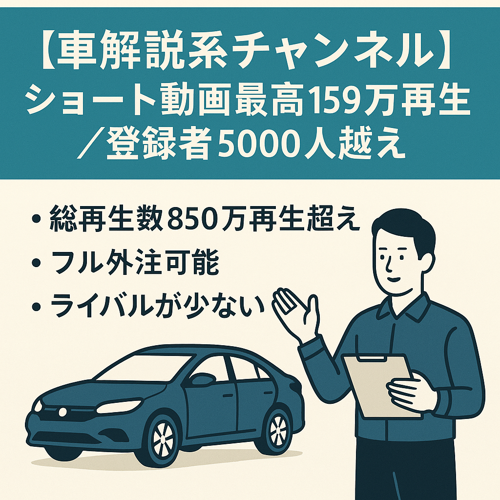 【車解説系チャンネル】ショート動画最高159万再生／登録者5000人越え／ショート万再生多数／3カ月で収益化