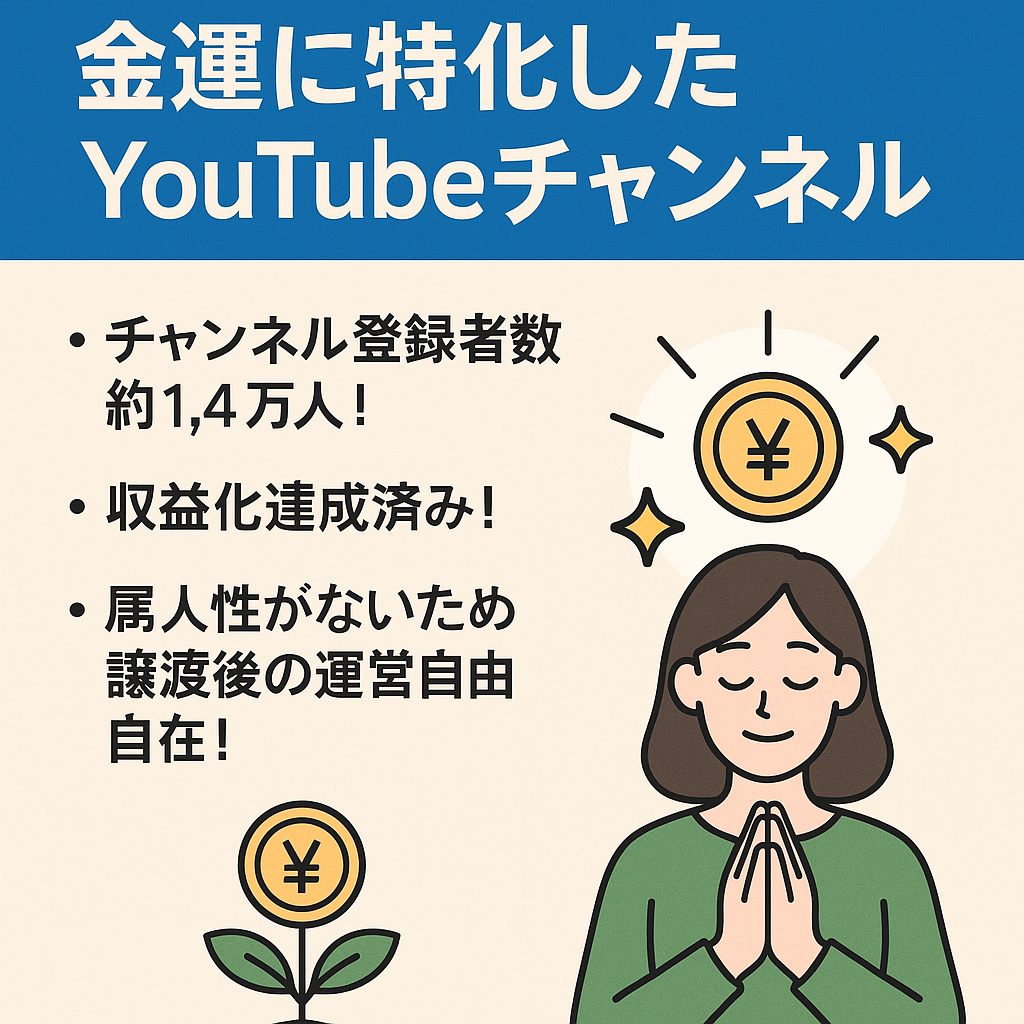 【収益化済・登録者1.4万人】金運に特化したYouTubeチャンネル/属人性なし/スピリチュアル/スピード重視