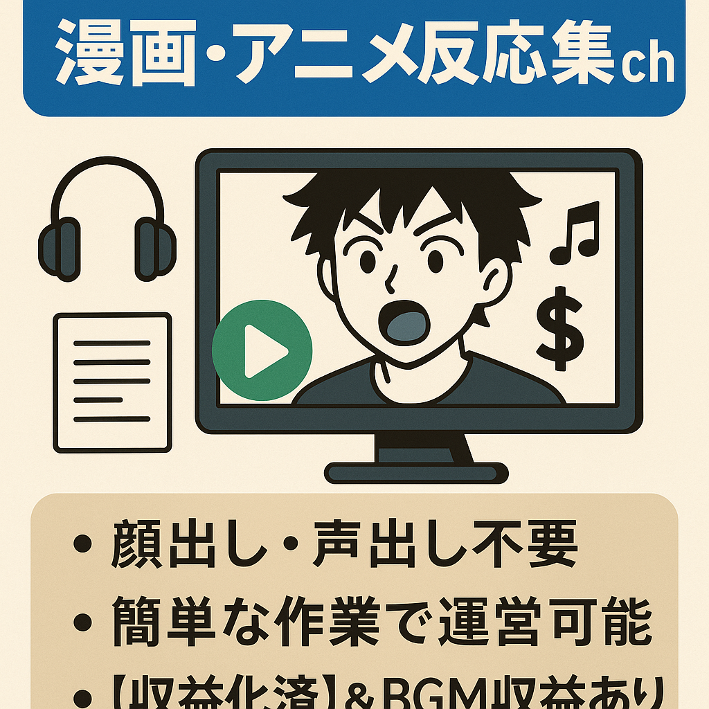 【収益化済・登録者1050人】別途BGM収益あり/顔出し・声出し不要/属人性なし/人気漫画・アニメの反応集ch【初心者の方でも運営可能】