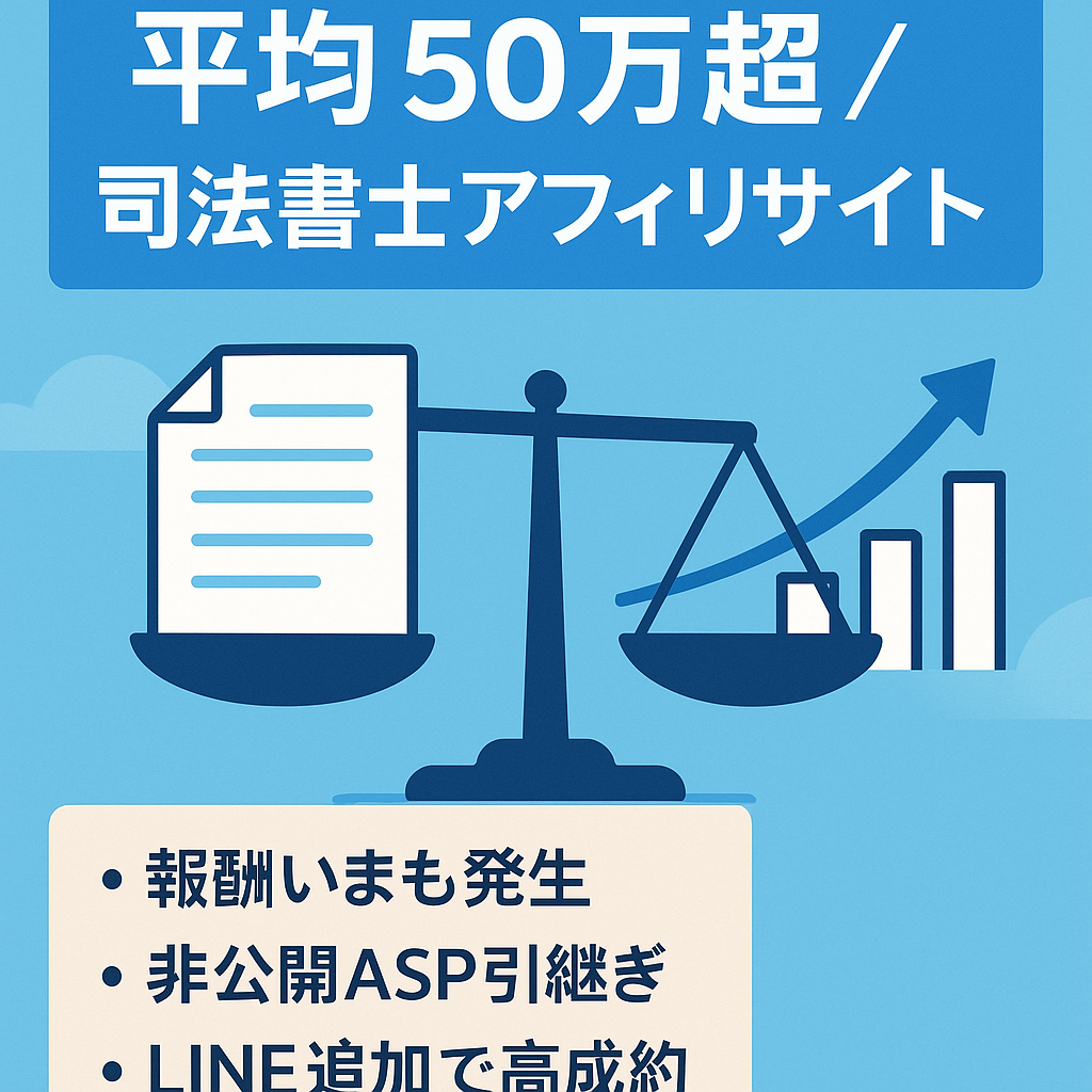 【直近6ヶ月の平均利益50万円以上】伸び代あり・CVR高めの司法書士アフィリサイト