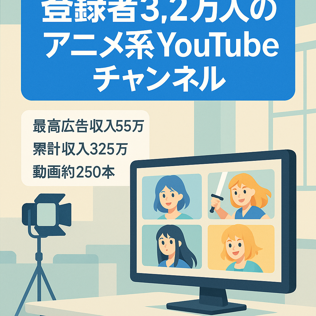 【Youtube登録者数3.2万人超】運営20ヶ月の総アドセンス収入325万円の顔出し無しアニメ系チャンネルです。