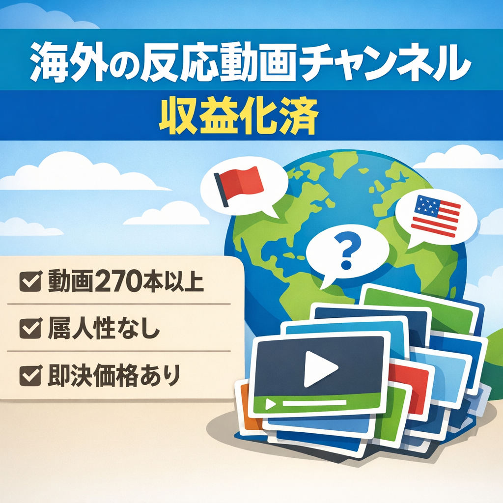 【収益化済】海外の反応系／動画270本／属人性なし／即決価格あり