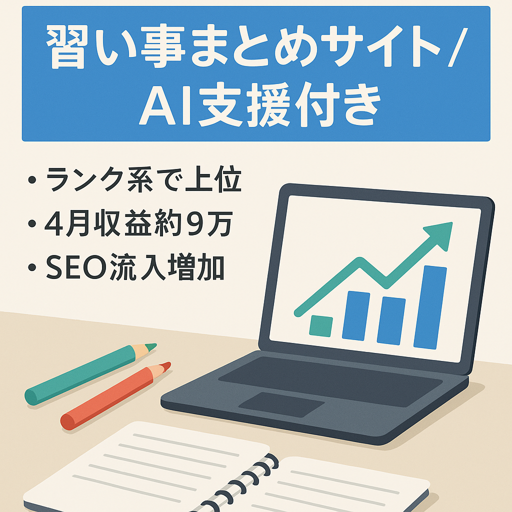 最終値下げ！6月25日で削除【4月収益93,282円発生/まとめ記事で上位表示多数】ライティングAIツール付ですぐに運用可能！3月12月に需要が上がる習い事案件