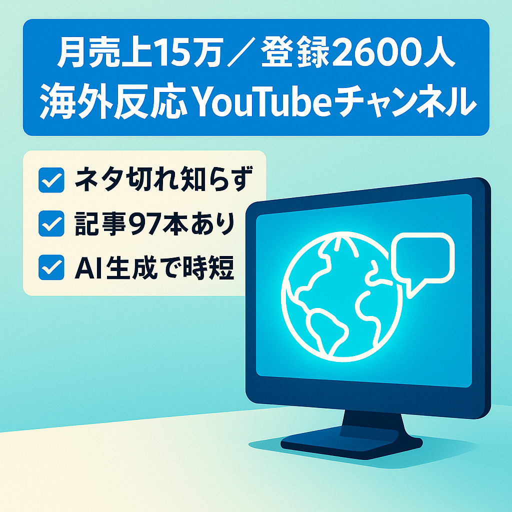【最高売り上げ15万/月　チャンネル登録者2600人】YouTube伸び盛りの海外の反応系チャンネル　ネタ切れ心配なし