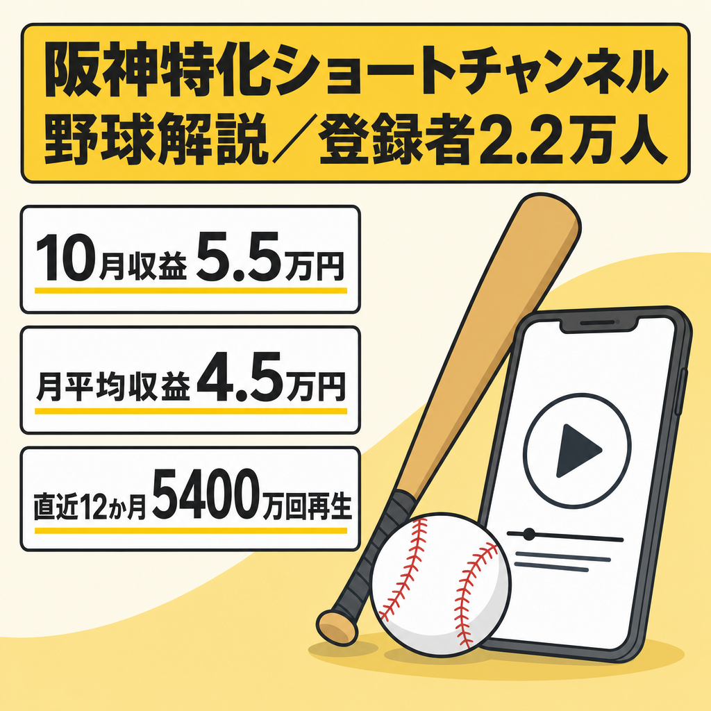 【10月現在収益5.5万円／月収益平均4.5万円】野球中継切り抜き×解説の阪神特化ショートch｜登録者2.2万人