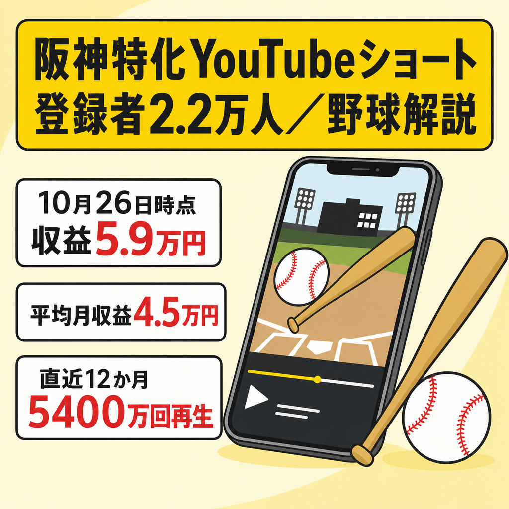 【10月26日現在収益5.9万円／月収益平均4.5万円】野球中継切り抜き×解説の阪神特化ショートch｜登録者2.2万人