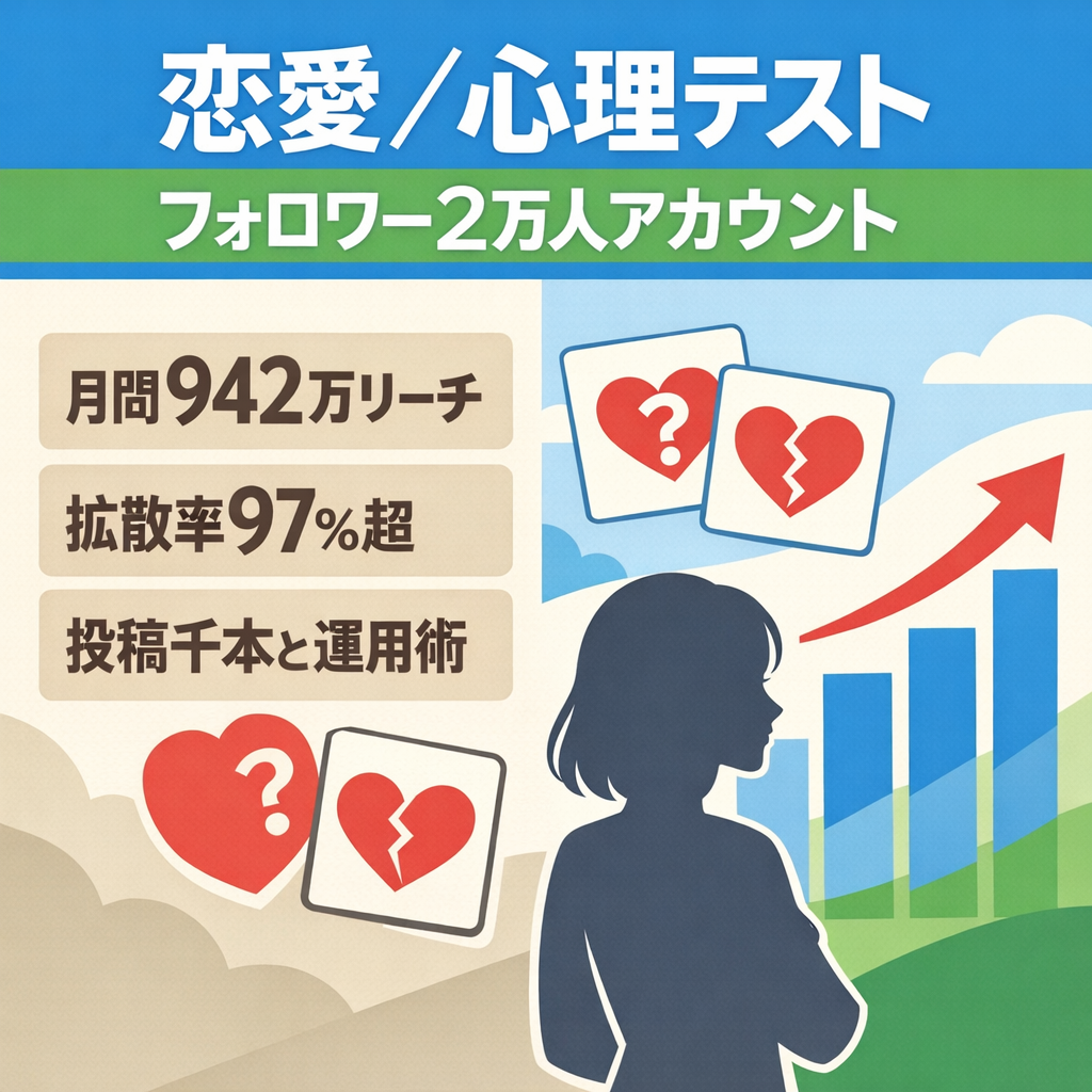 【月間942万リーチ】フォロワー2万人の恋愛・心理テスト垢｜リール拡散率97%超で外部誘導・アフィリに強い媒体