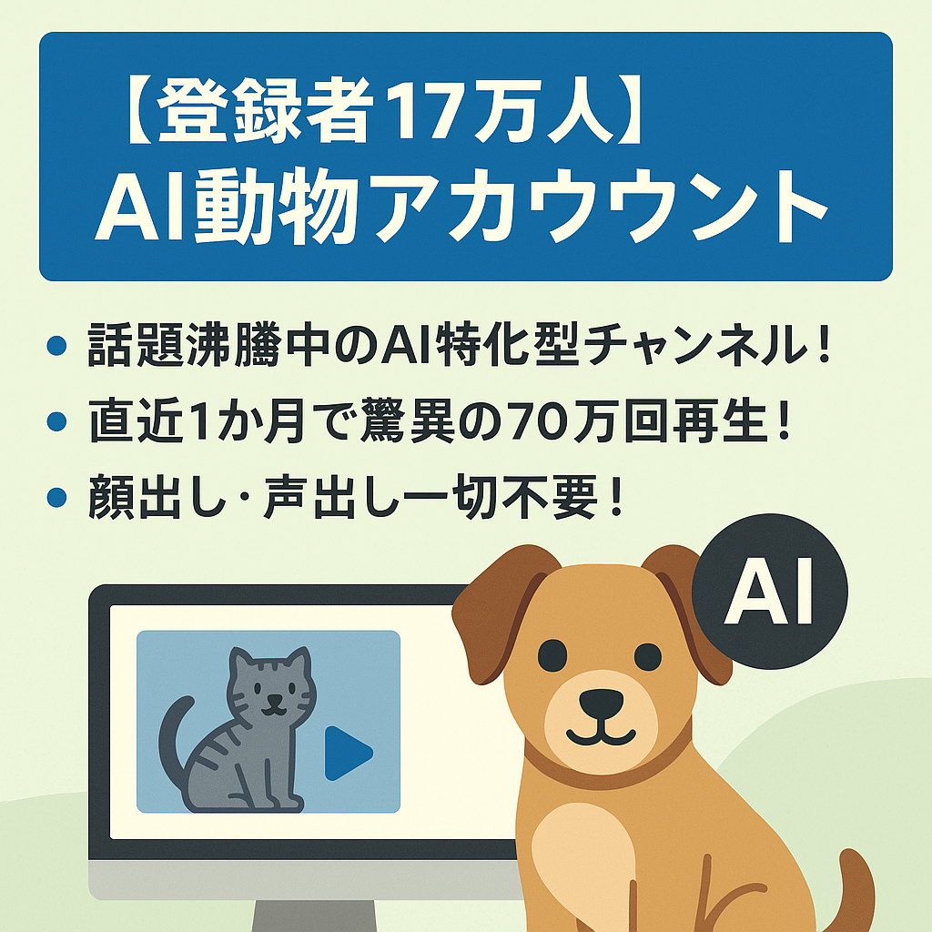訳あり：【登録者１７万人】AI動物アカウント× 最大再生数2,500万回 伸びしろ◎の海外系バズアカウント
