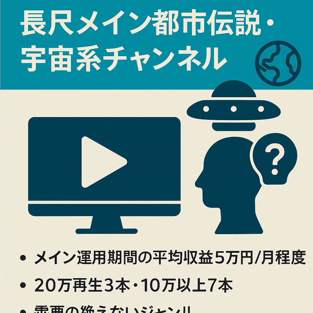 【登録者1万弱/総収益額45万/ 制作カンタン！／10万再生以上7本で再現性あり】長尺メイン都市伝説・宇宙系チャンネル/再生単価0.3円