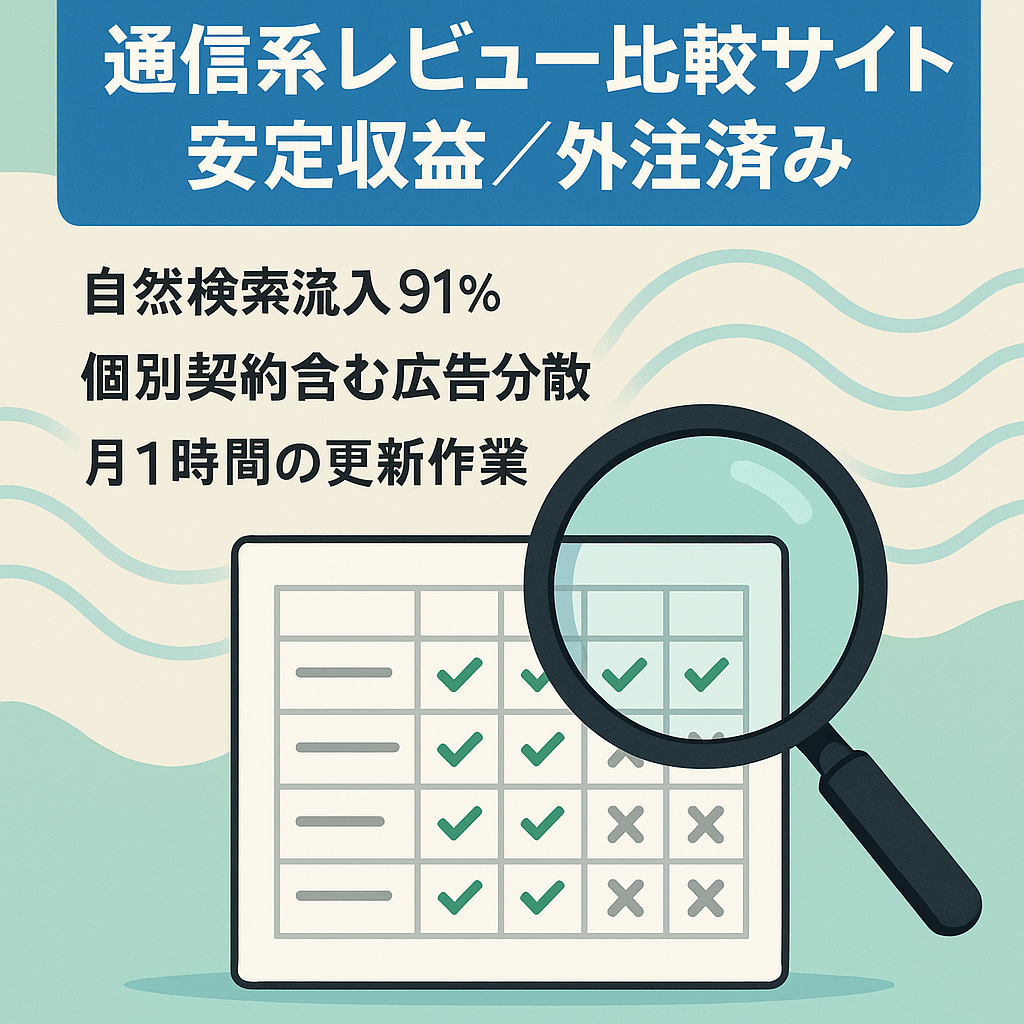 【収益安定】SEOに強いレビュー比較サイト（通信系）！外注済みで1日の作業時間は約2分