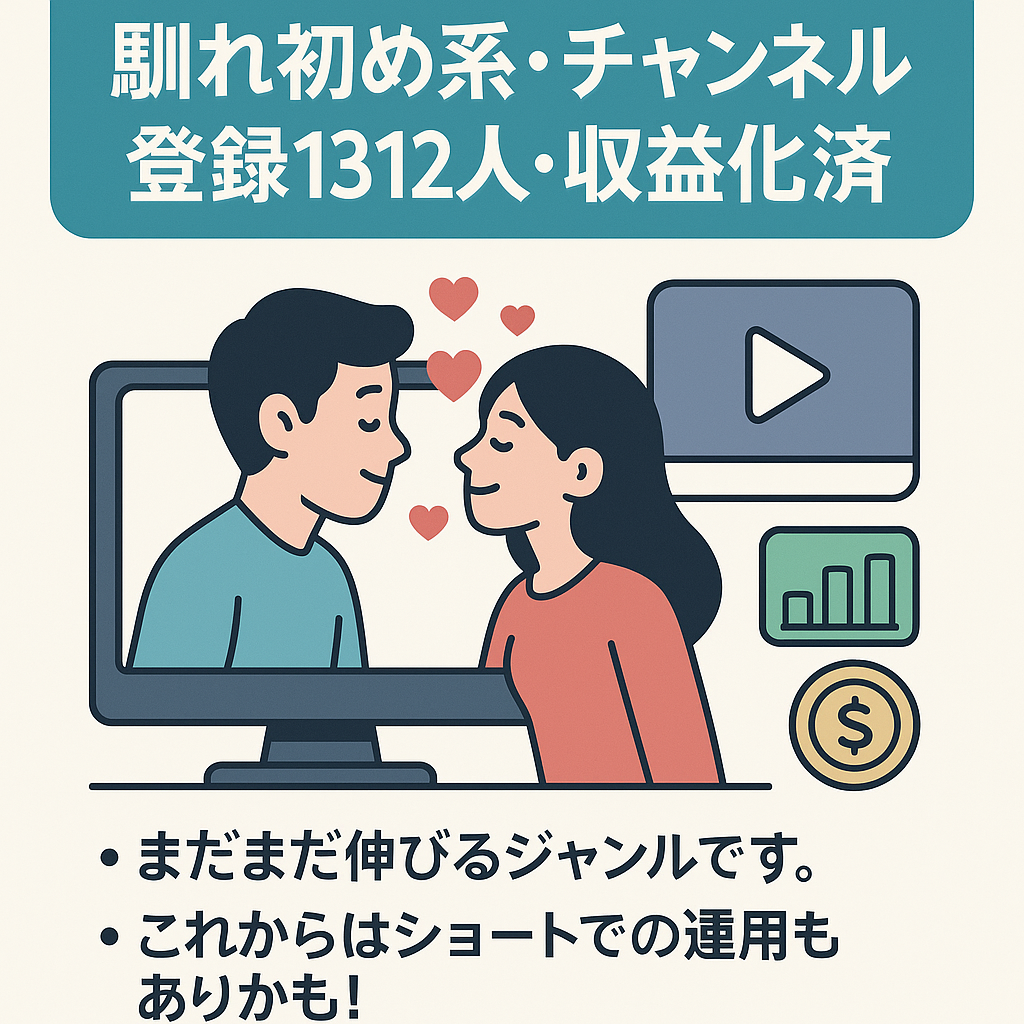 《値下げしました》【馴れ初め系・チャンネル登録1312人・収益化済・動画投稿数104本（ショート16本）】
