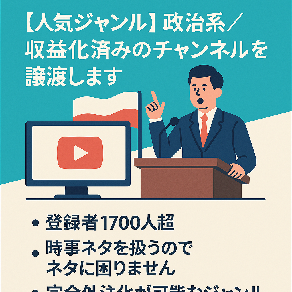 【人気ジャンル】政治系／収益化済みのチャンネルを譲渡します