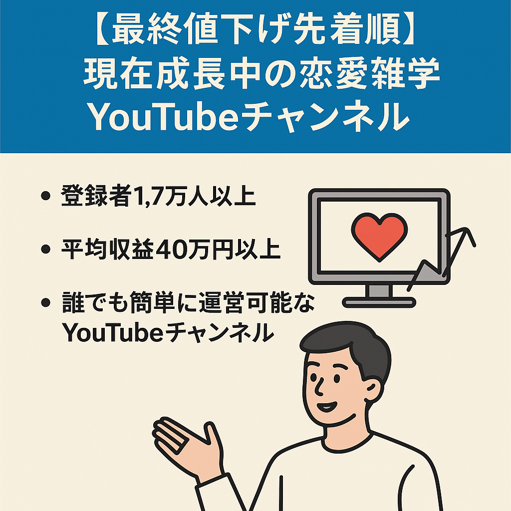 【最終値下げ先着順】現在成長中の恋愛雑学YouTubeチャンネル！5月は過去最高収益達成