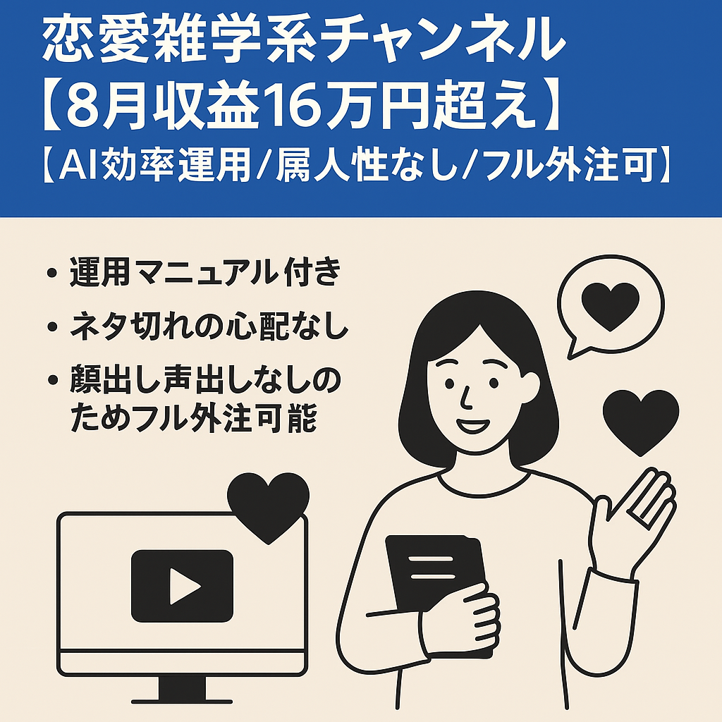 恋愛雑学系チャンネル【8月収益16万円超え】【AI効率運用/属人性なし/フル外注可】