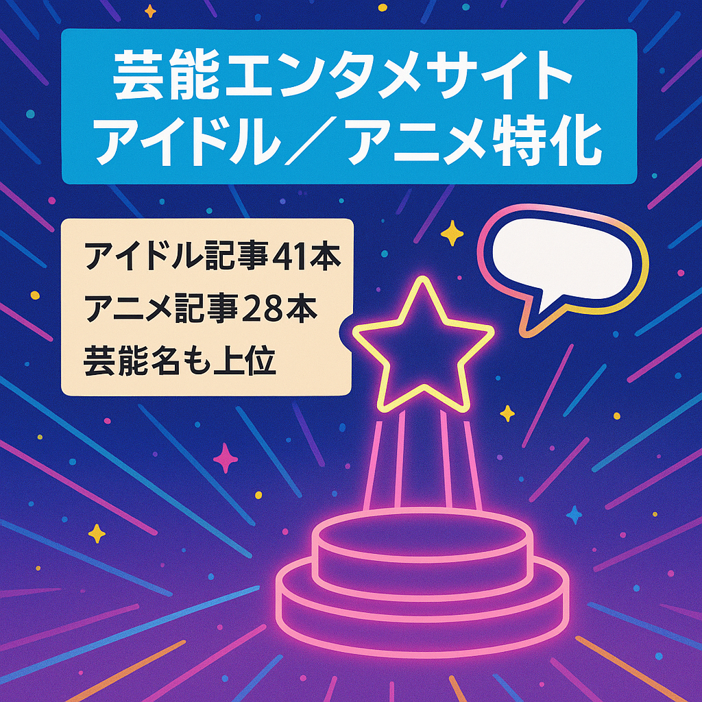 【芸能・エンタメ】SEOでの上位表示多数！人気アイドルグループと人気アニメでカテゴリ強化済み／運営歴2年超！