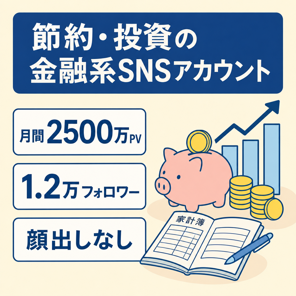 【直近30日2500万PV】フォロワー1.2万人！節約・投資などの金融ジャンル！顔出し無し！男女比率50%