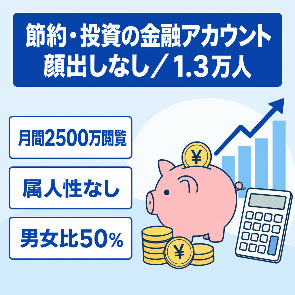 【直近30日2500万PV】フォロワー1.3万人！節約・投資などの金融ジャンル！顔出し無し！男女比率50%