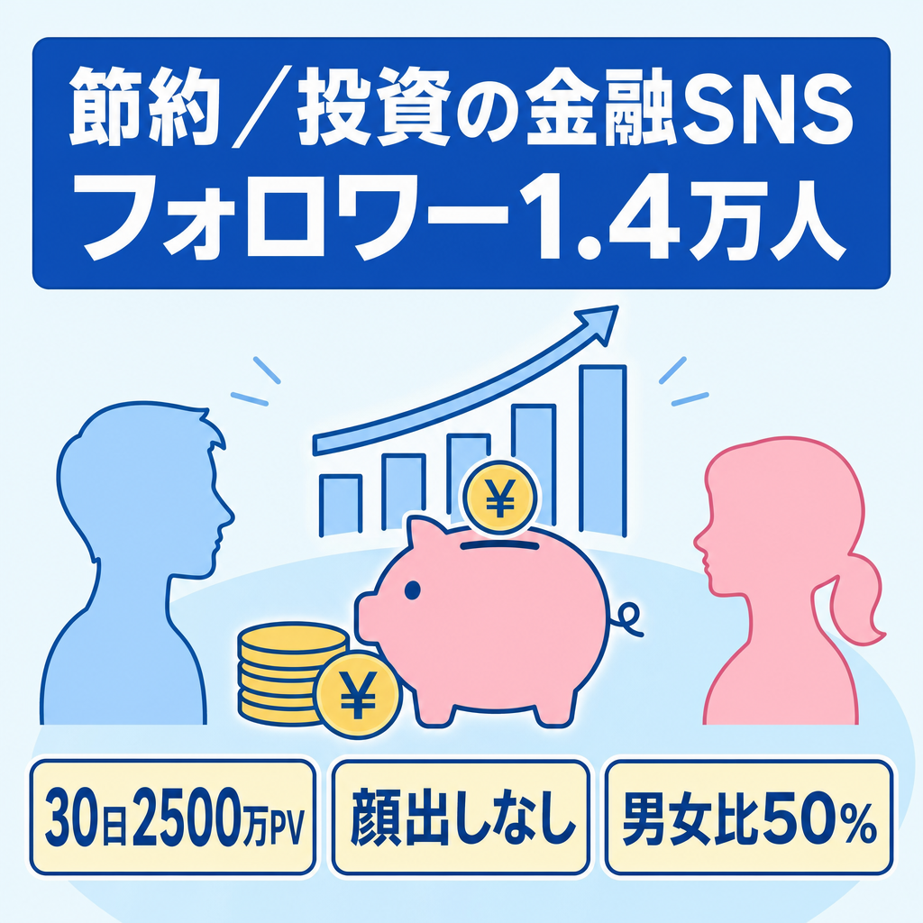 【直近30日2500万PV】フォロワー1.4万人！節約・投資などの金融ジャンル！顔出し無し！男女比率50%