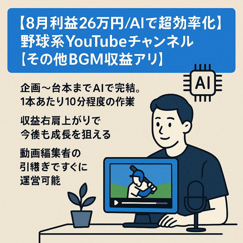 【8月利益26万円/AIで超効率化】野球系YouTubeチャンネル【その他BGM収益アリ】