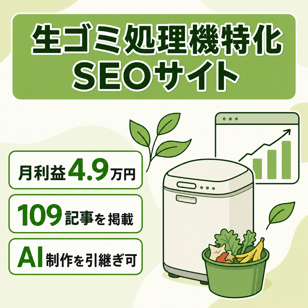 【月利益4.9万円・アクセス上昇中】生ゴミ処理機特化SEOサイト｜109記事・AI記事制作フロー引継ぎ可