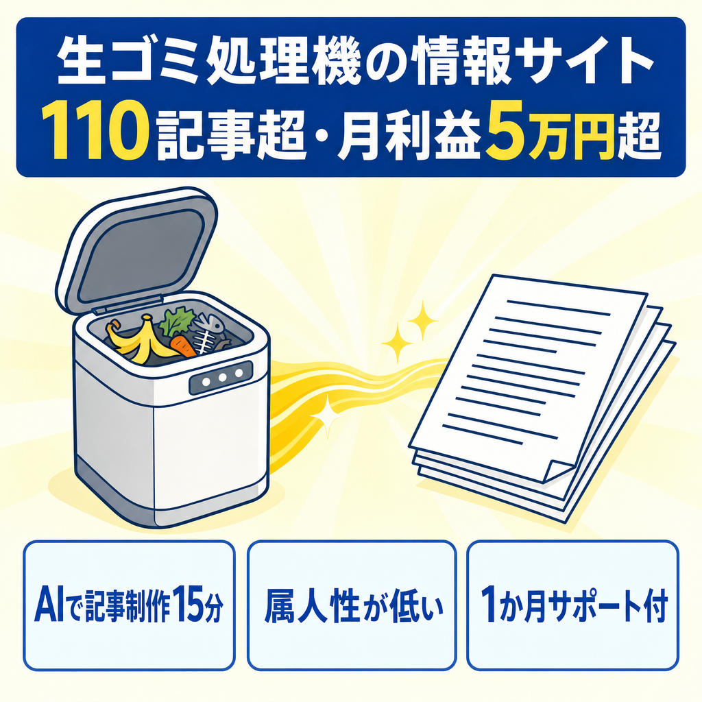 【月利益5万円超・アクセス上昇中】生ゴミ処理機特化SEOサイト｜110記事以上・AI記事制作フロー引継ぎ可