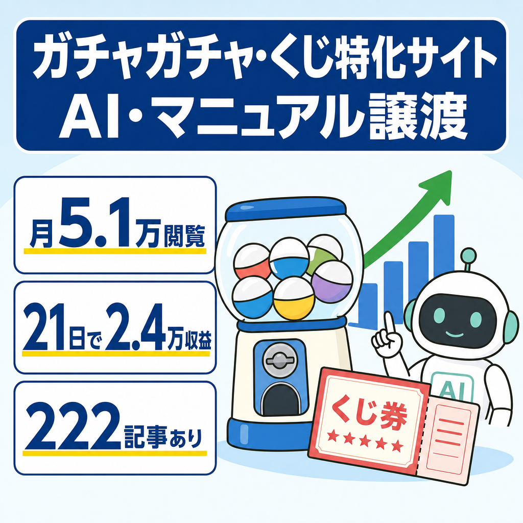 【開設1ヶ月半5.9万PV/RPM598円/222記事】ガチャガチャ・一番くじ特化サイト｜アドセンス＆アフィリエイト＋専用AI＆マニュアル譲渡