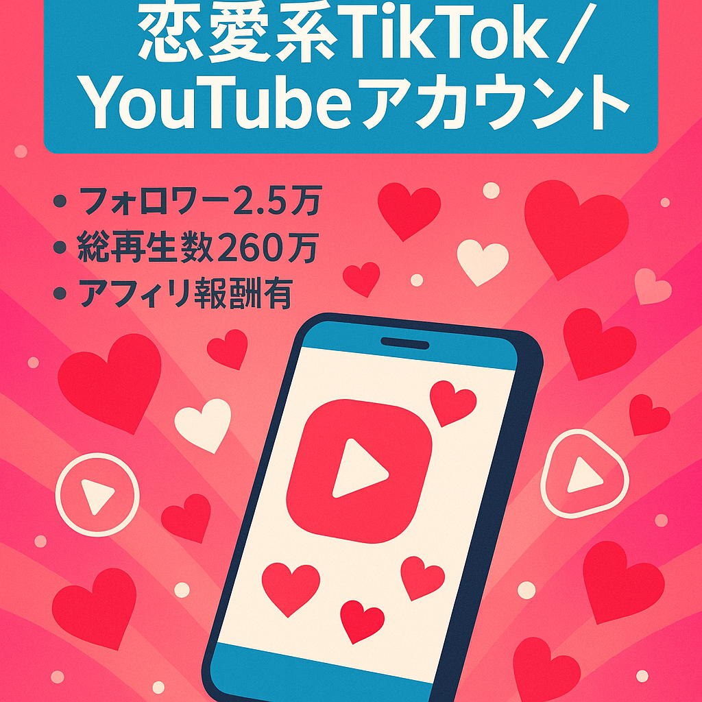 【総フォロワー2.5万】アフィリ実績あり 恋愛系TikTok、youtubeアカウント