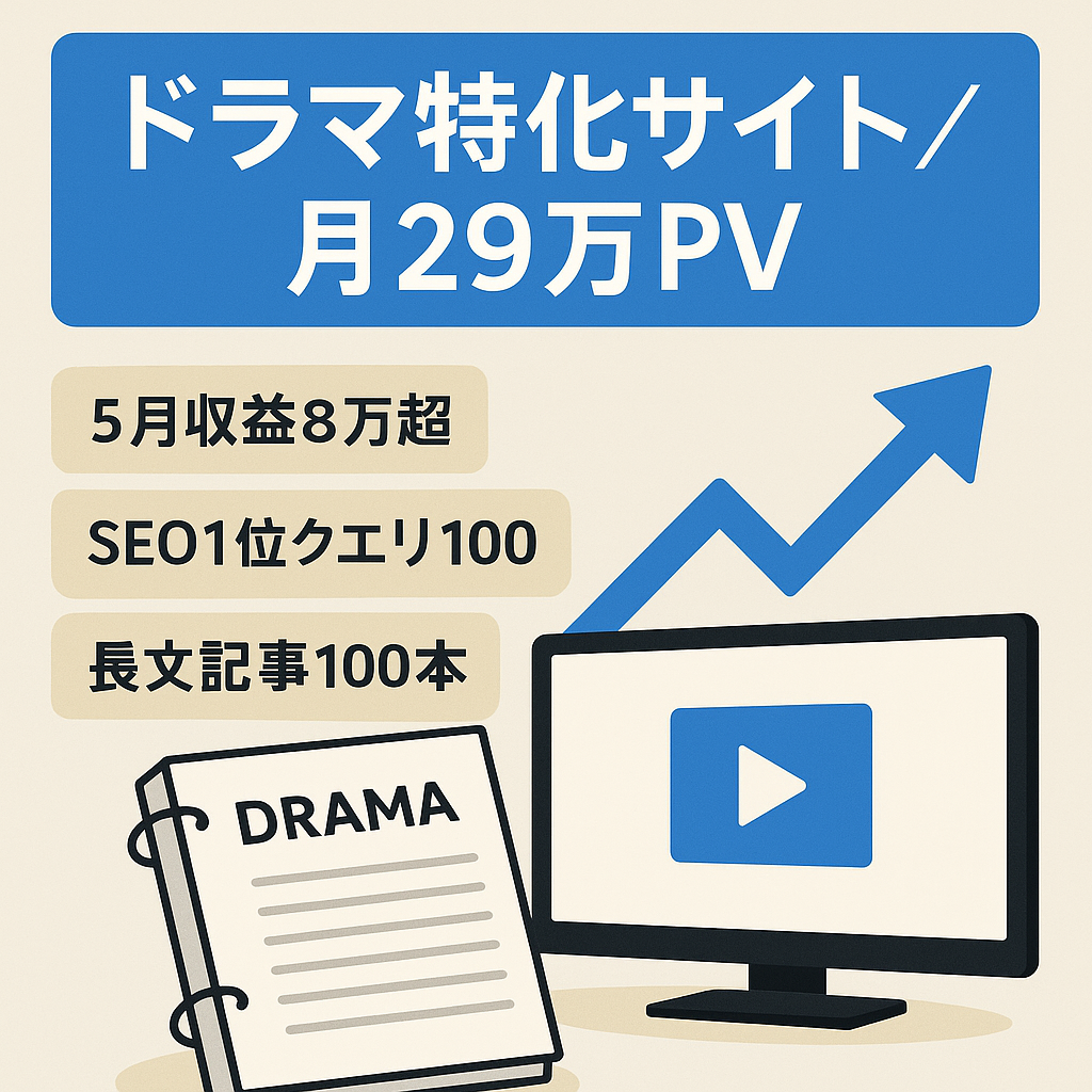 【※最終値下げ】5月収益8万超!29万PV/SEO1位表示多数/1位クエリ100以上!ドラマ特化で100記事以上