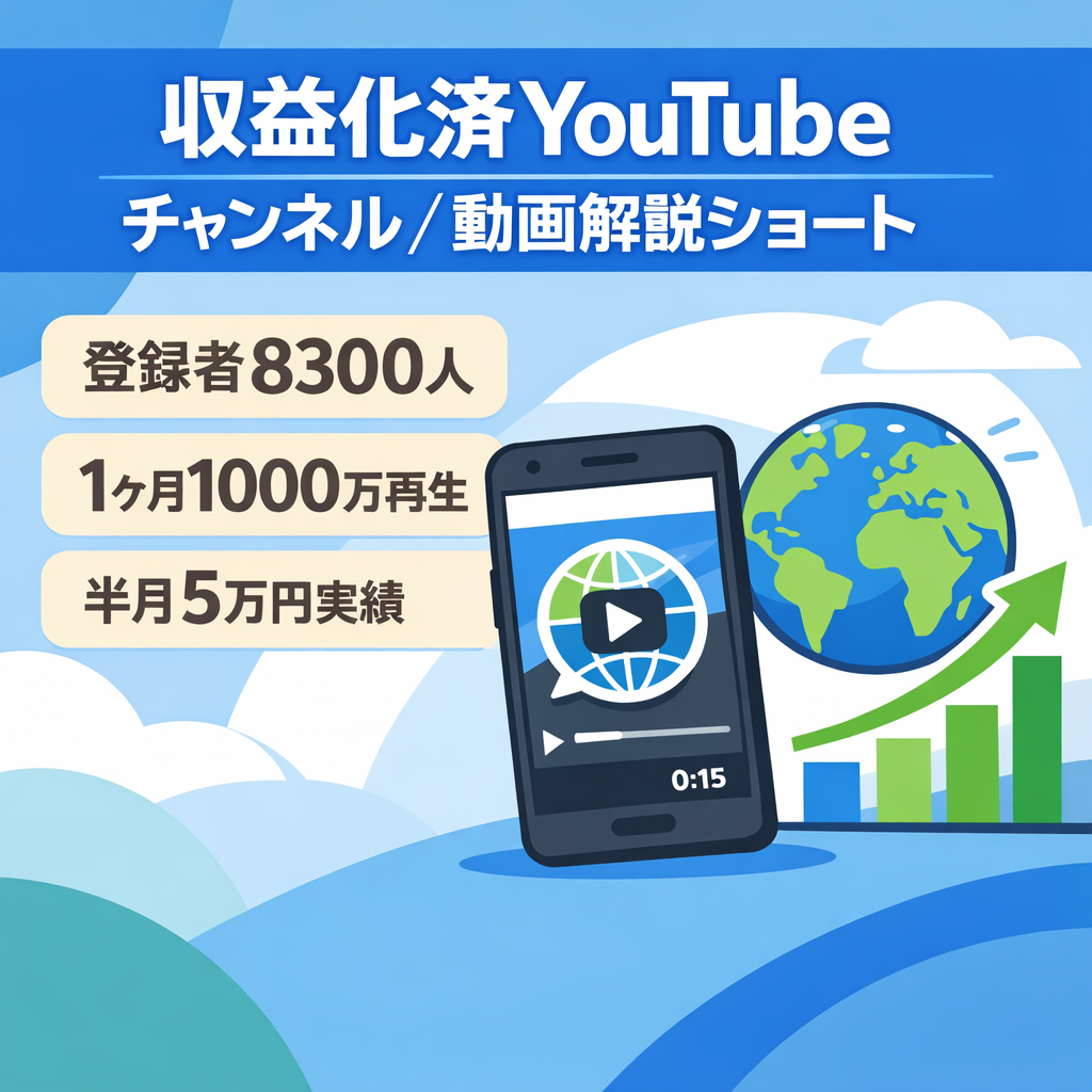 YouTubeチャンネル販売/収益化済(2026/4/1)/登録者8300人】国内外バズ動画解説ショートch【直近実績：半月5万円/過去実績：最大300万再生】