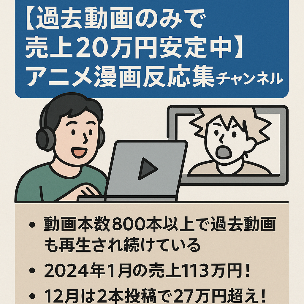【過去動画のみで売上20万円安定中】トレンドに左右されないアニメ漫画反応集チャンネル【外注可能】