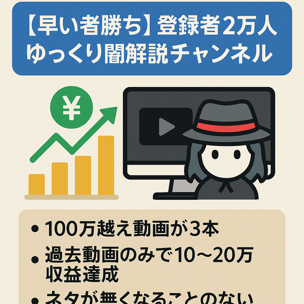 【早い者勝ち】登録者2万人過去動画で10万〜20万安定収益のゆっくり闇解説チャンネル