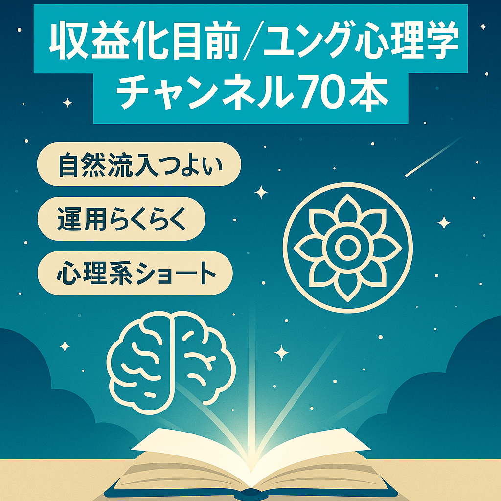 【収益化目前】ユング系心理学ショート×ロング／動画70本／自然流入強めチャンネル