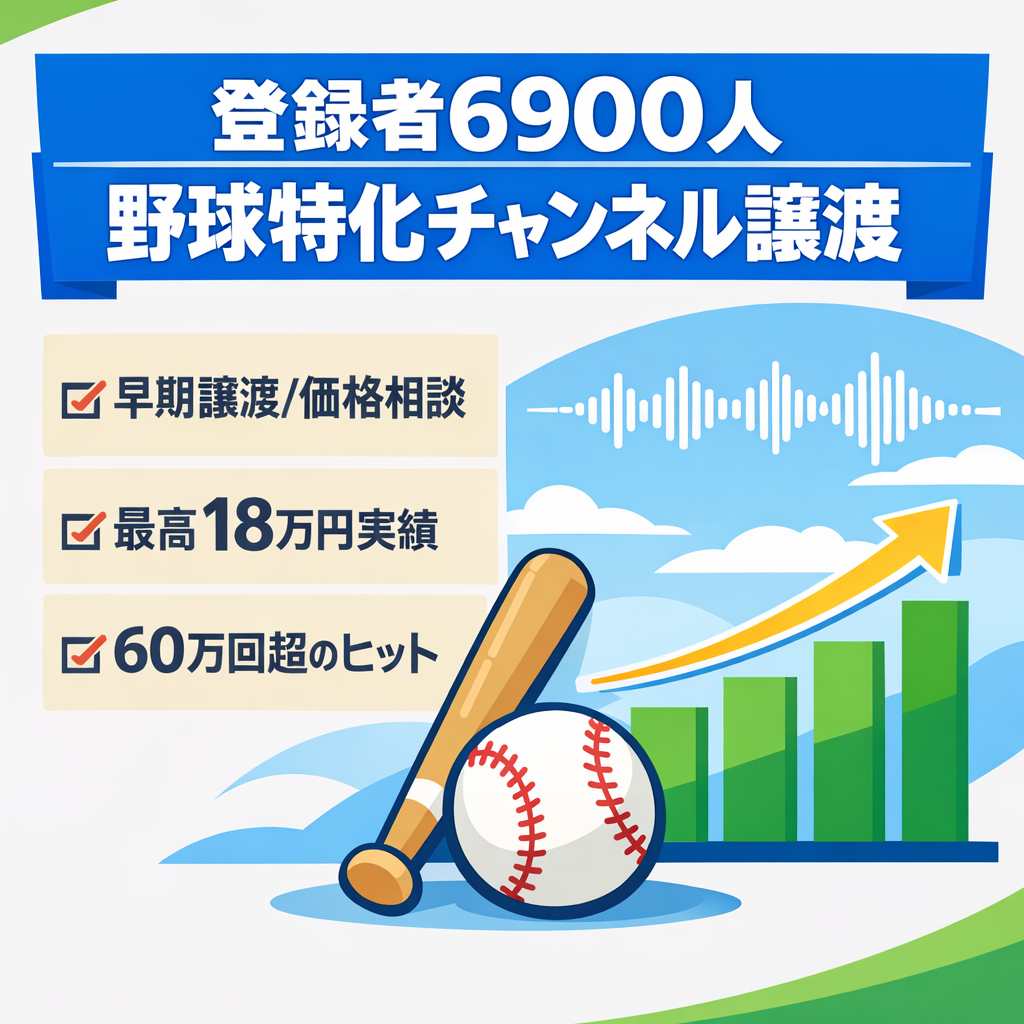 【早期譲渡希望/価格相談可】登録者6900人/野球特化ch｜最高18万・オフシーズンも7.5万実績｜属人性なし