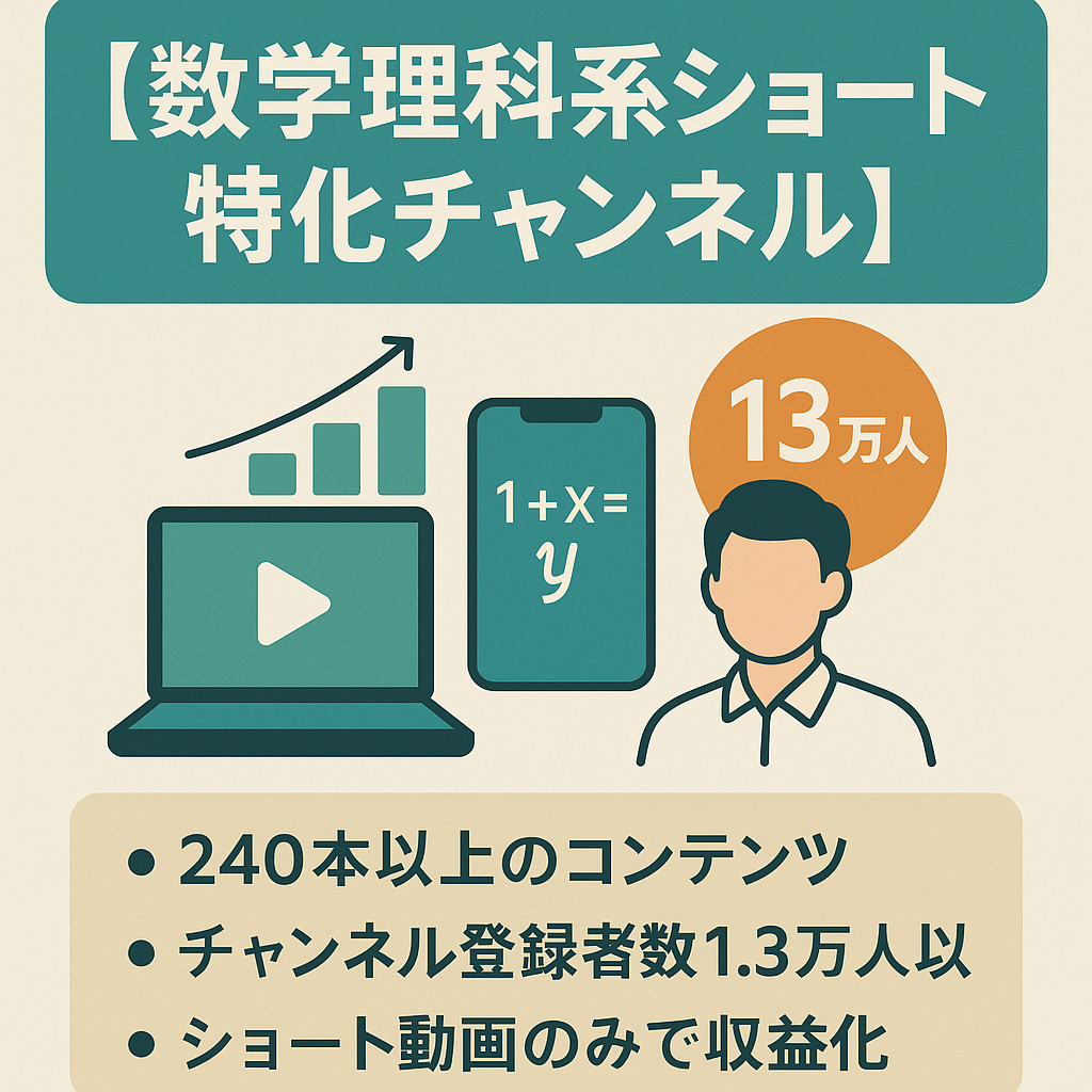 【YouTubeチャンネル登録者1.3万人超え！2月広告収益のみで10.4万円！】数学理科系ショート特化チャンネル！【属人性なし】