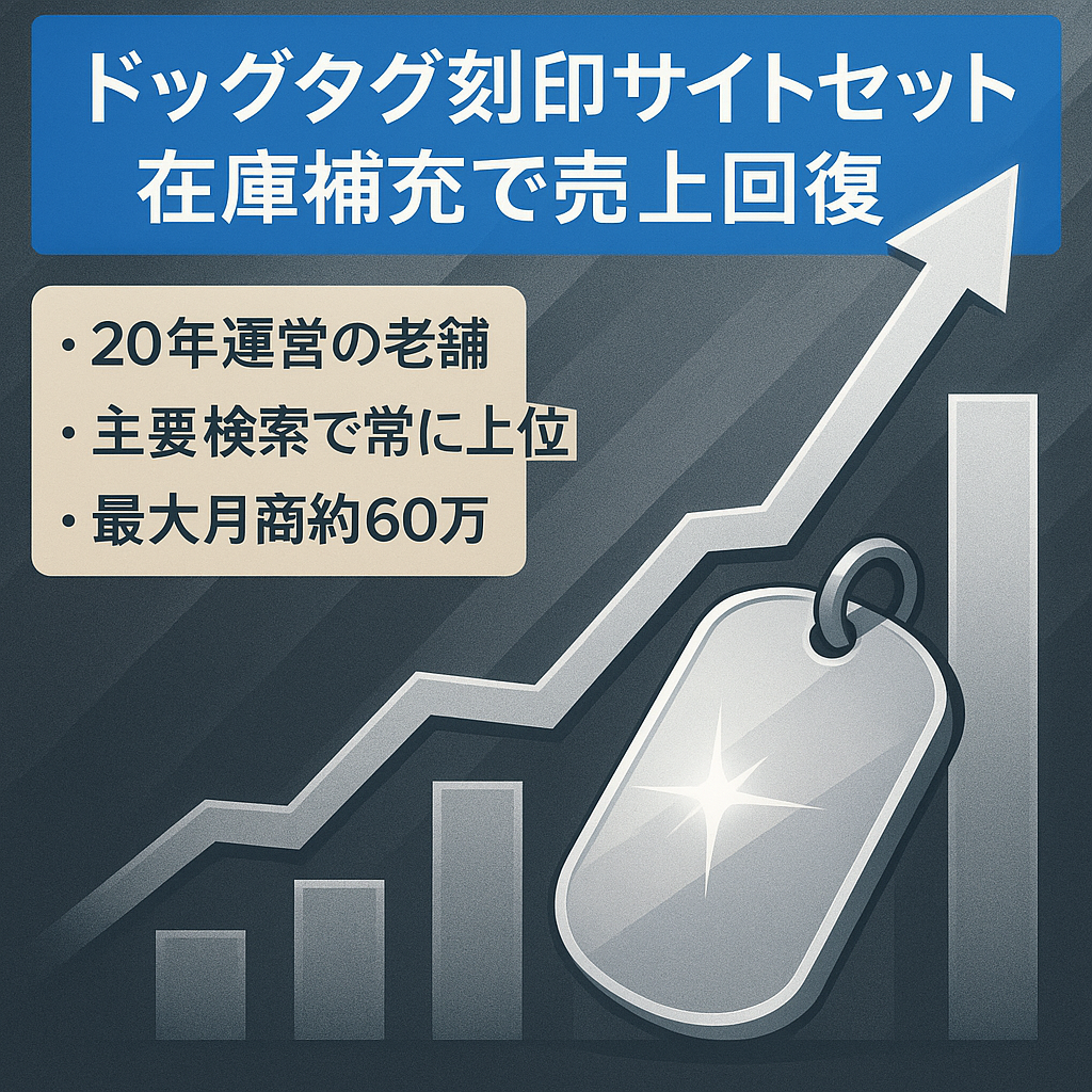 【商品在庫補充で売上回復可能！】ドッグタグ刻印加工販売サイト 2サイトセット