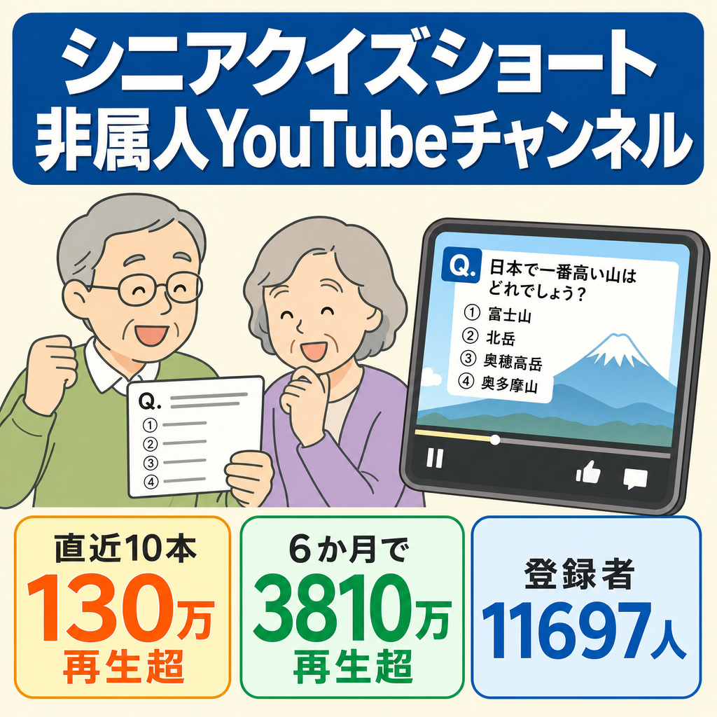 【再生数良好】★直近10本合計130万再生(3本20万超)＆６か月で登録者10000人超(現在11697人)◆シニアクイズショート系・非属人・ペナルティ無・YMM4データ譲渡