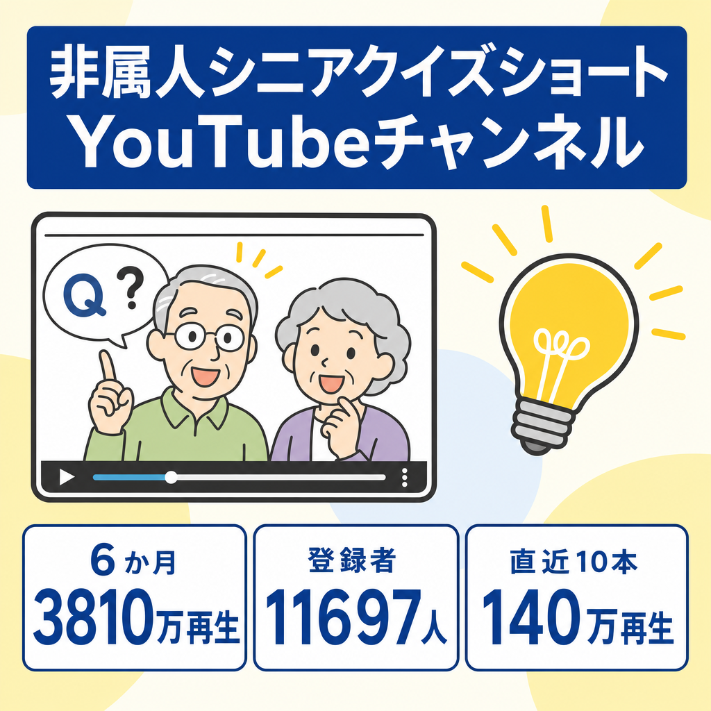 【安い案件】★直近10本合計140万再生(3本20万超)＆６か月で登録者10000人超(現在11697人)◆シニアクイズショート系・非属人・ペナルティ無・YMM4データ譲渡