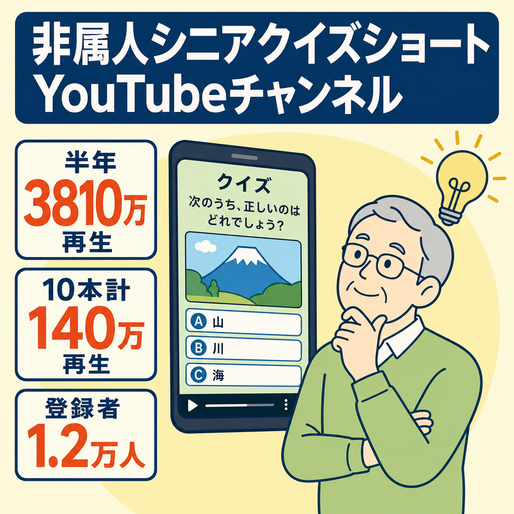 【ショート専門】★直近10本合計140万再生(3本20万超)＆６か月で登録者10000人超(現在12000人)◆シニアクイズショート系・非属人・ペナルティ無・YMM4データ譲渡
