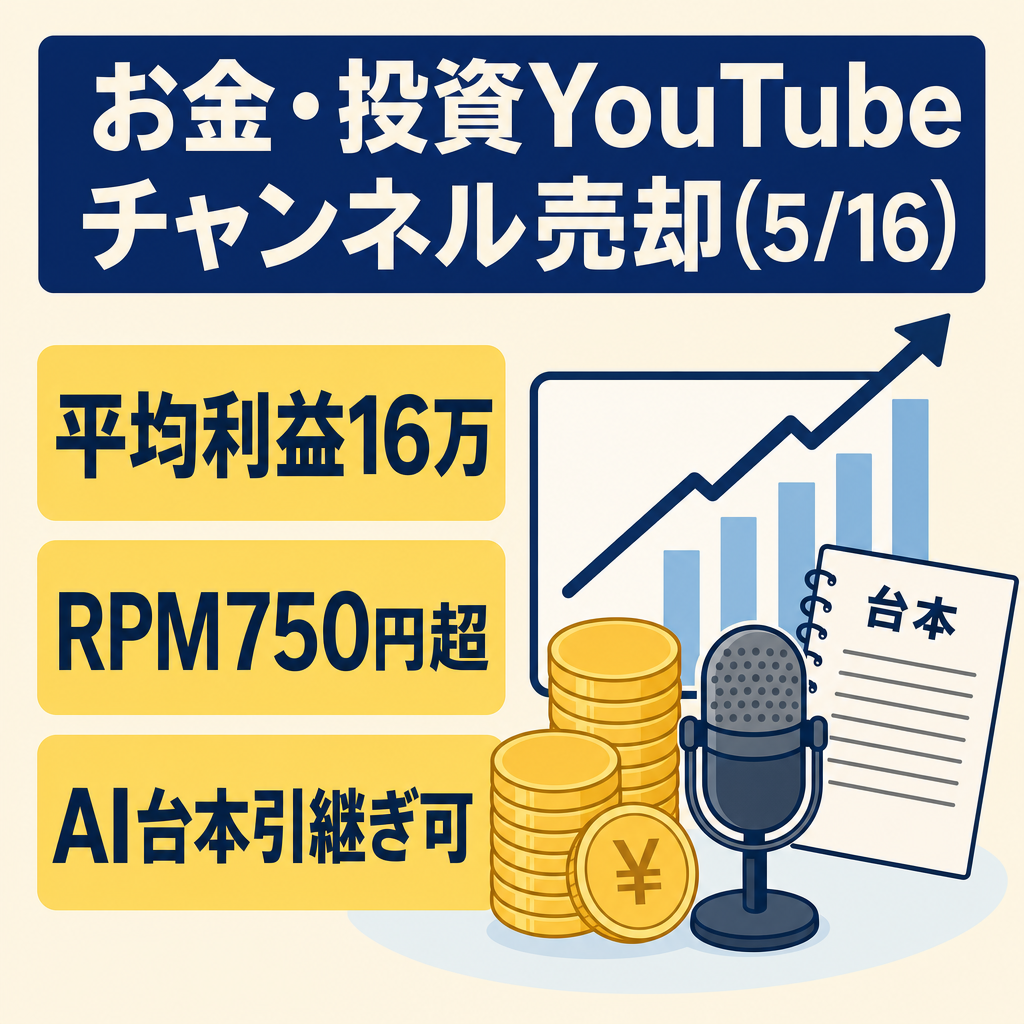 【5/16まで限定】【平均利益16万円・RPM750円超】人気のお金・投資YouTubeチャンネル | 登録者8000人超 | 非属人 | AI台本作成マニュアル引き継ぎ可