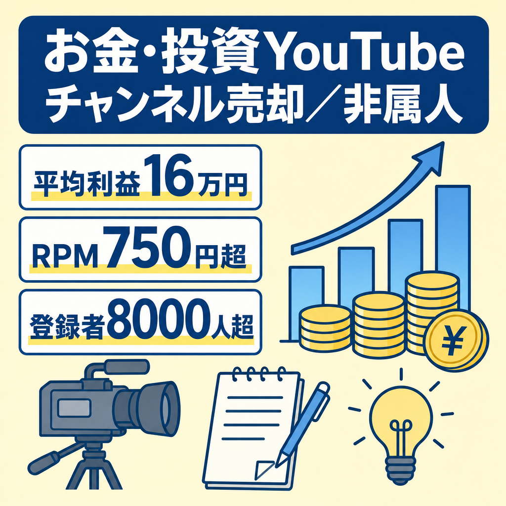 【平均利益16万円・RPM750円超】人気のお金・投資YouTubeチャンネル | 登録者8000人超 | 非属人 | AI台本作成マニュアル提供