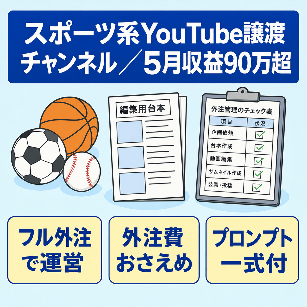 【外注運営・5月収益90万超え】成長中のスポーツ系YouTubeチャンネル【プロンプト一式譲渡】