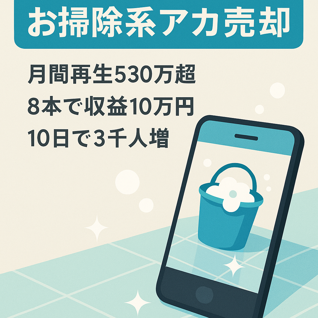 【金額交渉可！収益化済み　お掃除系TikTokフォロワー3万511人、YouTube登録者数5万2,791人のセット販売】