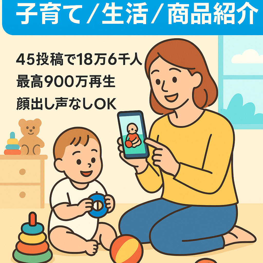 【TikTok 18万フォロワー】最高900万再生！最高収益78,504円！子育て/おもちゃ/生活などの商品紹介/ASMRアカウント【顔出し声なしもOK】